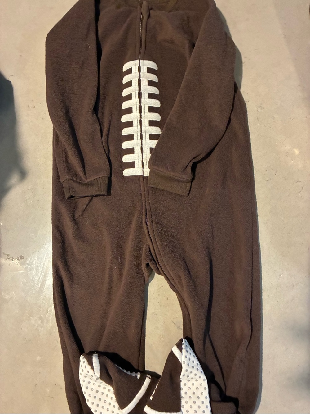 Kids Brown Fleece One-Piece Footed Pajamas with White Football Stitching